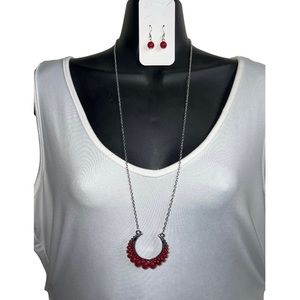 Statement necklace - silver chain - red and silver pendant